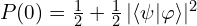 P(0) = \tfrac{1}{2} + \tfrac{1}{2}\,|\langle\psi|\varphi\rangle|^{2}