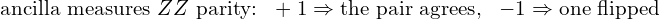 \text{ancilla measures}\ ZZ\ \text{parity:}\ \ +1 \Rightarrow \text{the pair agrees},\ \ -1 \Rightarrow \text{one flipped}