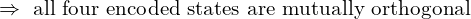 \Rightarrow\ \text{all four encoded states are mutually orthogonal}