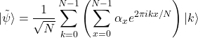 \[|\tilde{\psi}\rangle = \frac{1}{\sqrt{N}} \sum_{k=0}^{N-1} \left( \sum_{x=0}^{N-1} \alpha_x e^{2\pi i k x / N} \right) |k\rangle\]