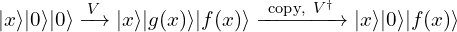 |x\rangle|0\rangle|0\rangle \xrightarrow{\,V\,} |x\rangle|g(x)\rangle|f(x)\rangle \xrightarrow{\ \text{copy},\ V^{\dagger}\ } |x\rangle|0\rangle|f(x)\rangle