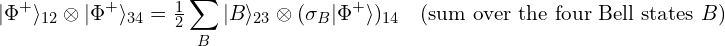 \displaystyle |\Phi^{+}\rangle_{12} \otimes |\Phi^{+}\rangle_{34} = \tfrac{1}{2}\sum_{B} |B\rangle_{23} \otimes (\sigma_{B}|\Phi^{+}\rangle)_{14} \quad (\text{sum over the four Bell states } B)
