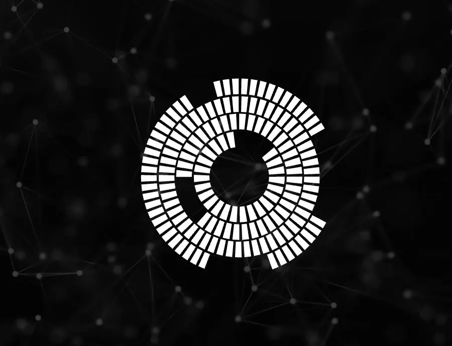 A white progress indicator encircles a central circle against a dark, abstract background of interconnected nodes.