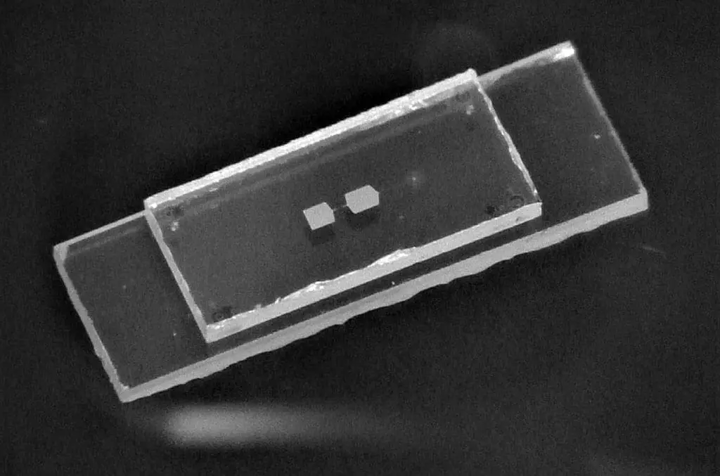 Physicists Create First Mechanical Qubit, Merging Quantum And Steampunk The device consists of a sapphire chip with a superconducting qubit (gray rectangles, left) on top of another that acts as a mechanical oscillator (gray dot, right). Uwe von Luepke/ETH Zürich