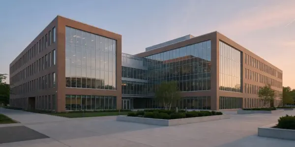 A modern, multi-story building with a brick and glass facade stands on a paved plaza under a pale sky.