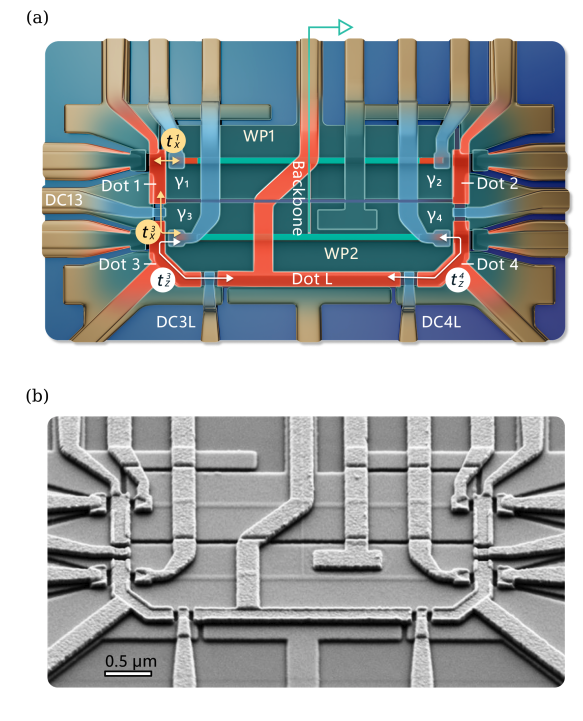 Microsoft's tetron quantum computing device has an H-shaped aluminum structure with two horizontal "wires" connected by a vertical "backbone," where four special points (marked γi) can host exotic particles called Majorana zero modes that store quantum information. The device uses various control gates (like tiny electronic switches) to tune the wires into a special "topological phase" and quantum dots that act as sensors to read out the quantum information. Unlike regular quantum computers that are easily disrupted by noise, this design is naturally protected from interference, making it potentially much more stable and error-resistant for quantum computing applications.