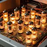 An array of glowing vacuum tubes mounted on a circuit board within an open metal chassis.