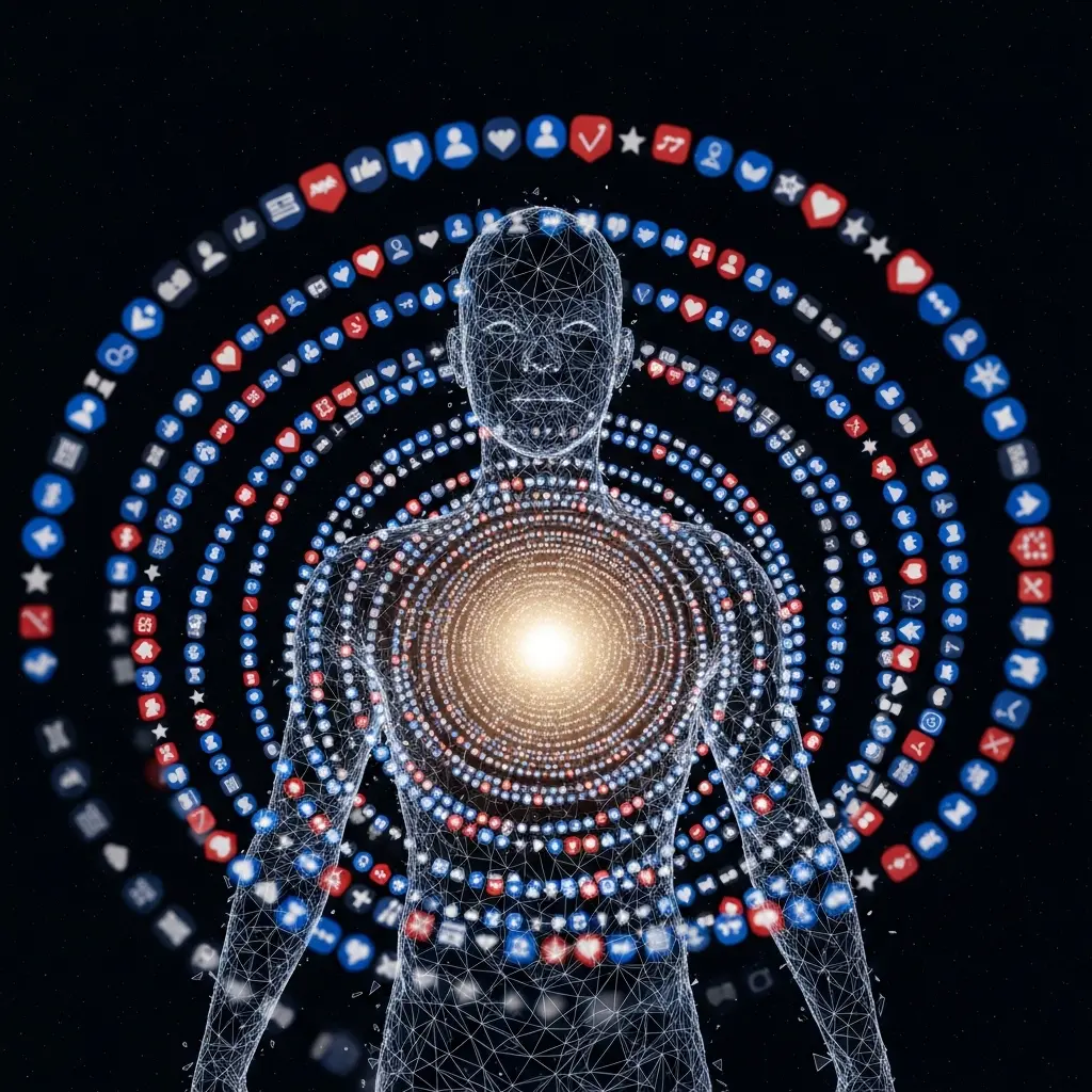 Abstract illustration of a luminous human silhouette at the center of multiple orbital rings or energy halos studded with red and blue glowing dots, suggesting a cosmic or energetic field on a dark background