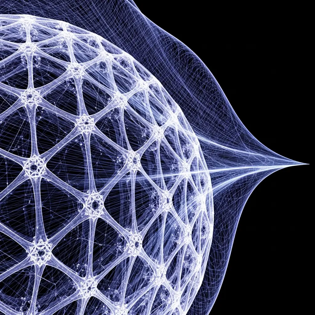 Curved blue lattice sphere with interconnected glowing nodes and lines, tapering into a stretched point against a black background.