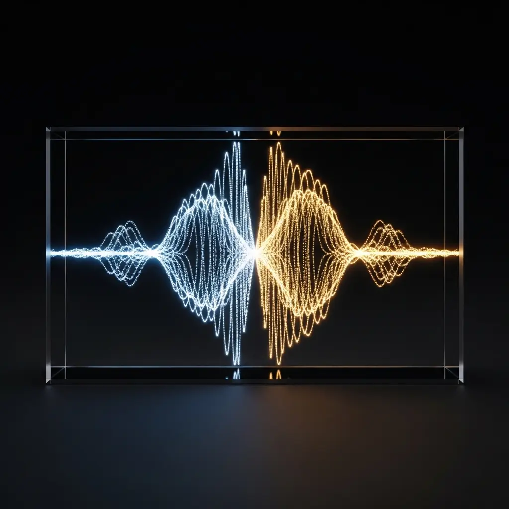 Symmetrical blue and gold waveforms meeting at a bright center inside a glass frame, illustrating wave interference, superposition, and signal resonance.