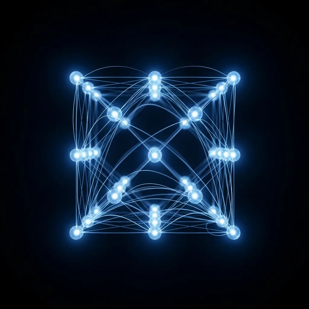 “Glowing blue symmetrical light pattern forming intersecting arcs and lines, creating a futuristic geometric energy grid on a dark background.