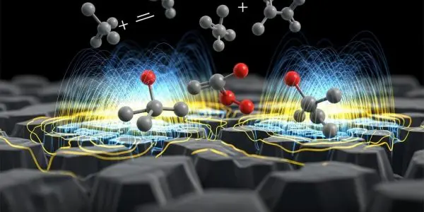 Abstract illustration of multiple molecule or atom models with interconnected spheres and bonds hovering above a bright glowing ground plane, rendered in blue and white light against a dark background