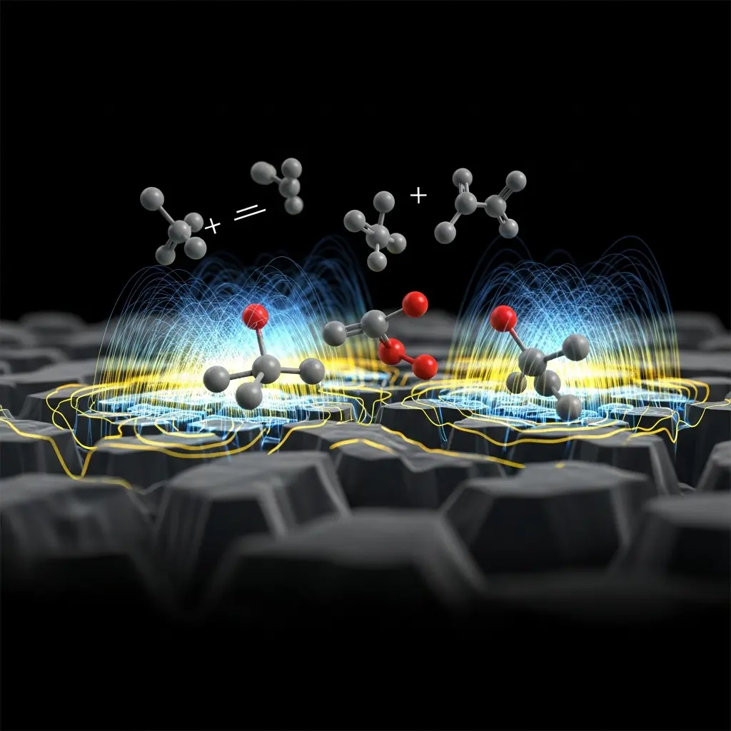 Abstract illustration of multiple molecule or atom models with interconnected spheres and bonds hovering above a bright glowing ground plane, rendered in blue and white light against a dark background
