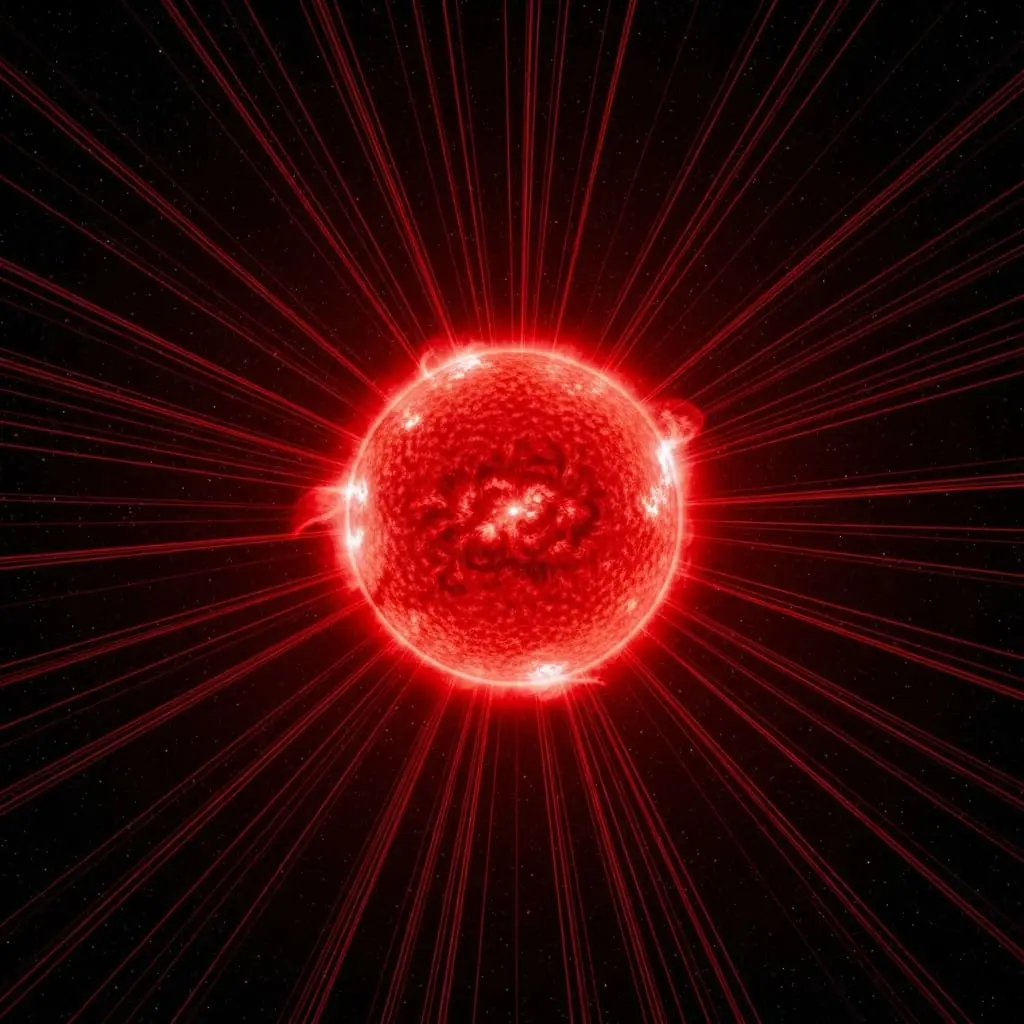 Bright red glowing sphere emitting radial beams of light in all directions, resembling a starburst or energetic plasma source.