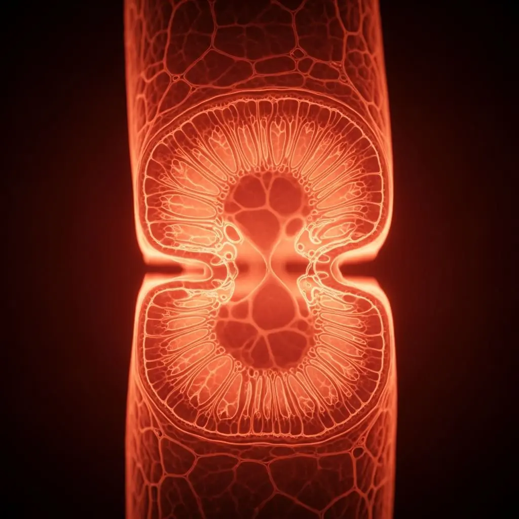 Glowing symmetrical cellular structure resembling a microscopic cross-section, illustrating biological tissue architecture and intricate organic patterns.