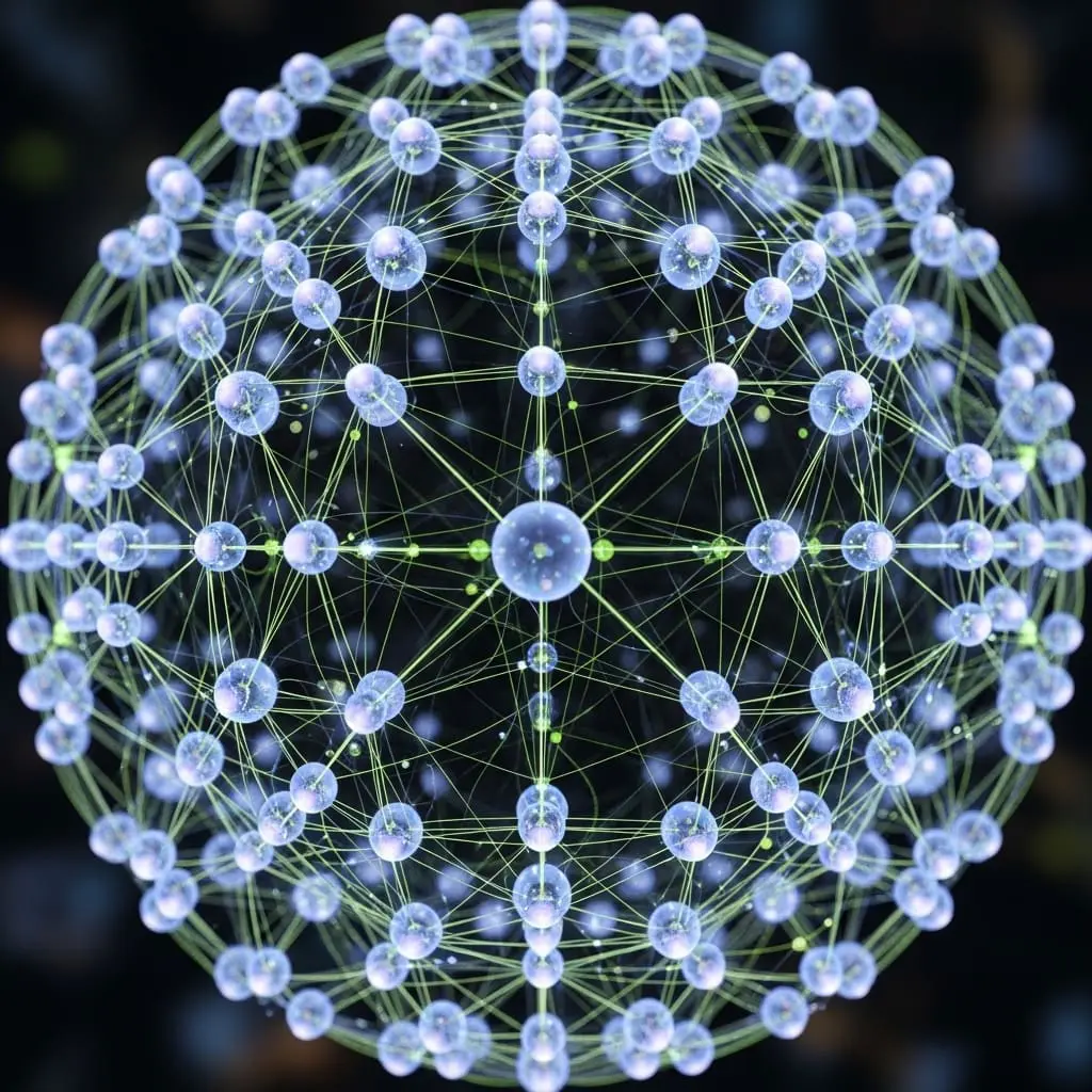Glowing spherical network of interconnected blue nodes and links forming a quantum lattice structure, representing entangled qubits in a quantum computing system.