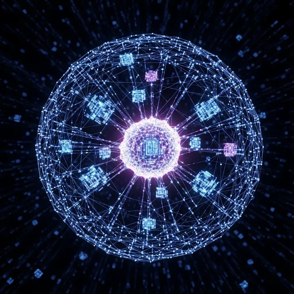 Abstract illustration of a luminous blue celestial or energy sphere surrounded by glowing particle clusters, small orbiting nodes, and concentric ring outlines against a deep dark background