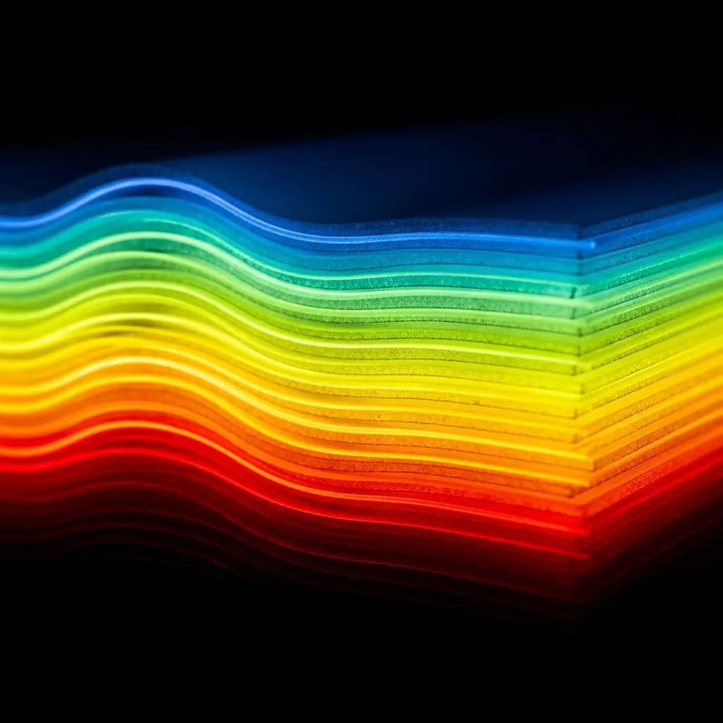 Wavy horizontal lines forming a rainbow spectrum, transitioning through red, orange, yellow, green, blue, and violet on a black background