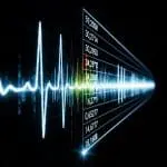 White audio waveform transitioning into a triangular prism that disperses it into a multicolored spectrum against a black background.