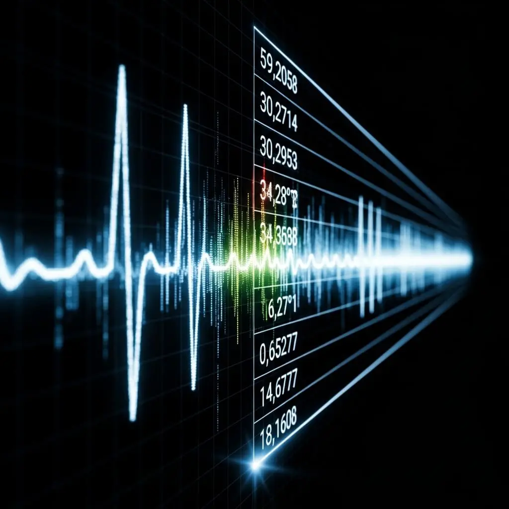 White audio waveform transitioning into a triangular prism that disperses it into a multicolored spectrum against a black background.