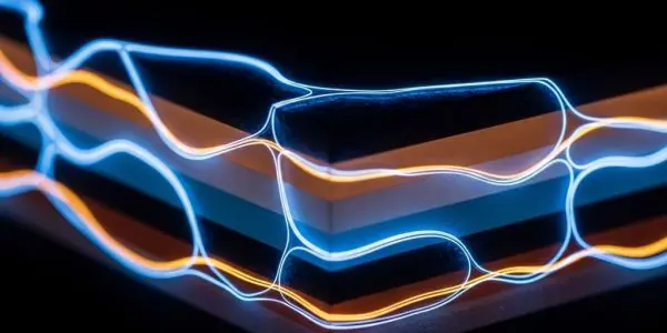 Layered semiconductor structure with glowing blue and orange current paths flowing across interfaces, illustrating electronic band structure and quantum transport effects.