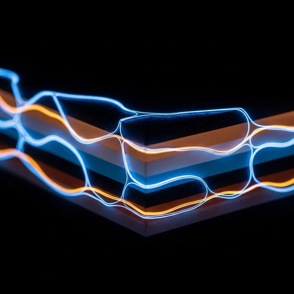 Layered semiconductor structure with glowing blue and orange current paths flowing across interfaces, illustrating electronic band structure and quantum transport effects.