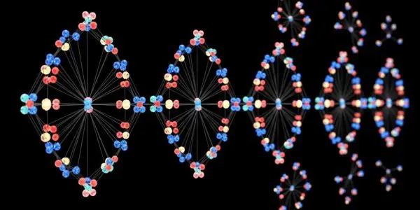 Stylized DNA double helix made of glowing blue and red nodes connected by lines, forming a molecular chain on a dark background.