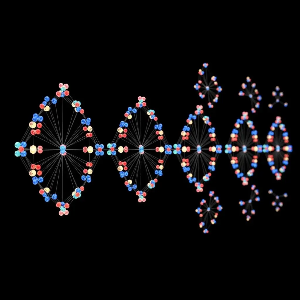 Stylized DNA double helix made of glowing blue and red nodes connected by lines, forming a molecular chain on a dark background.