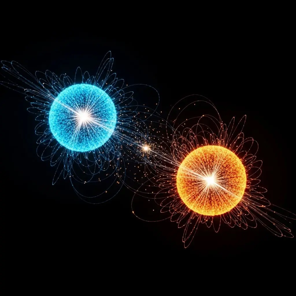 Two glowing spheres, blue and orange, linked by dynamic energy streams, representing interacting qubits executing complex quantum algorithms through superposition and entanglement.