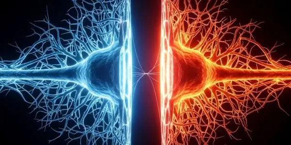 Fire and ice energy forces facing each other with a bright white collision point on a dark background