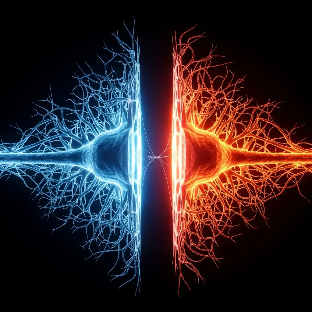 Fire and ice energy forces facing each other with a bright white collision point on a dark background