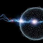 Abstract illustration of a luminous spherical particle or plasma ball surrounded by a network of glowing dots, with blue and white lightning bolts striking outward on a dark background