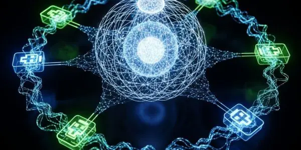 Glowing atomic structure surrounded by connected medical cross icons in a circular network, symbolizing quantum computing applications in healthcare and biotechnology
