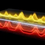 Layered red and yellow waveform-like bands flowing horizontally, resembling thermal or energy spectrum lines against a dark background