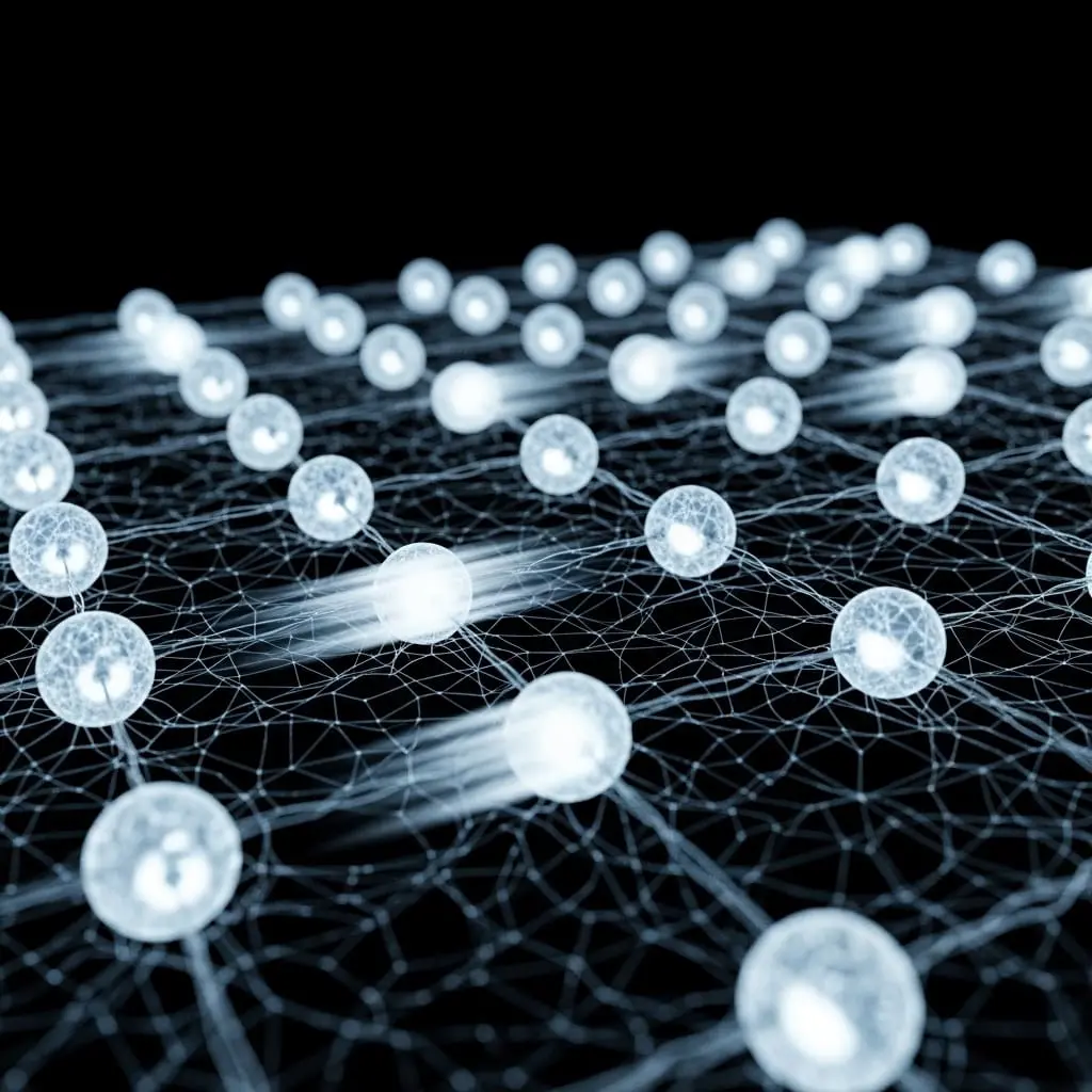 White spherical nodes connected by thin rods forming a three-dimensional lattice network, glowing softly against a dark background