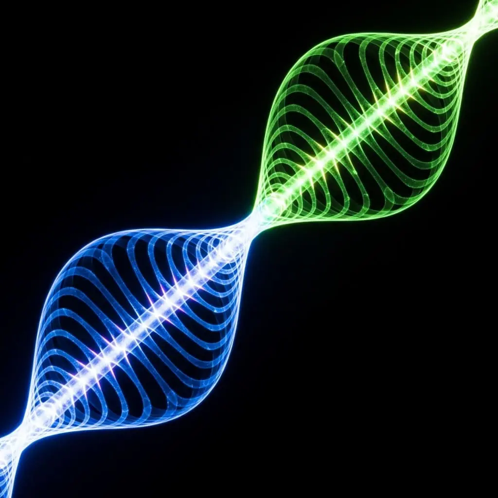 Two intertwined DNA double helix strands glowing in blue and green against a black background