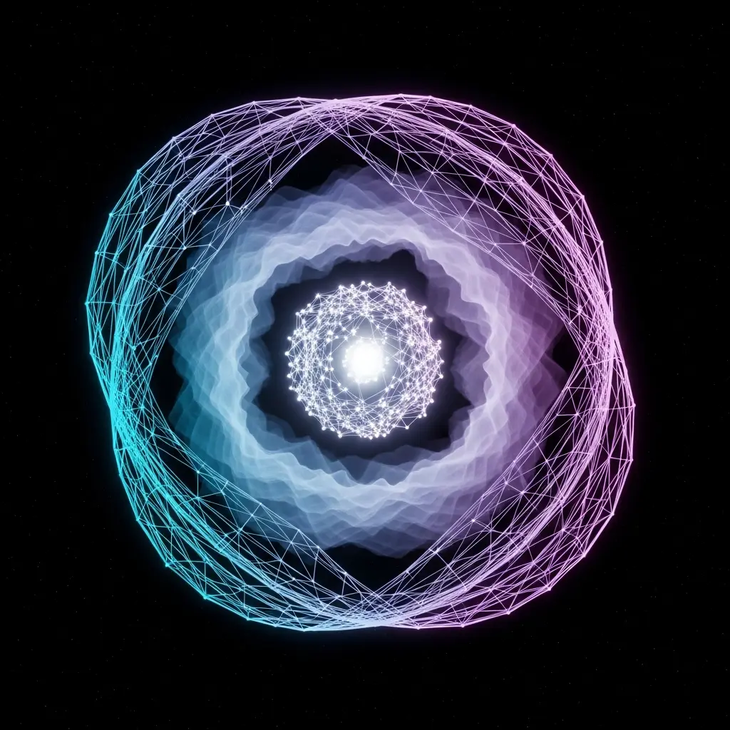 Concentric glowing geometric rings formed by interconnected lines and nodes, surrounding a bright central core, symbolizing quantum fields and wave interference patterns.