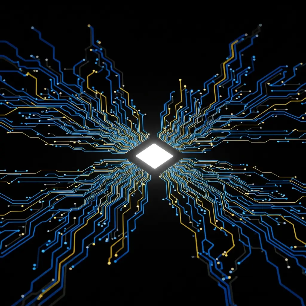 Central glowing microchip with branching blue circuit lines radiating outward like lightning across a dark background.