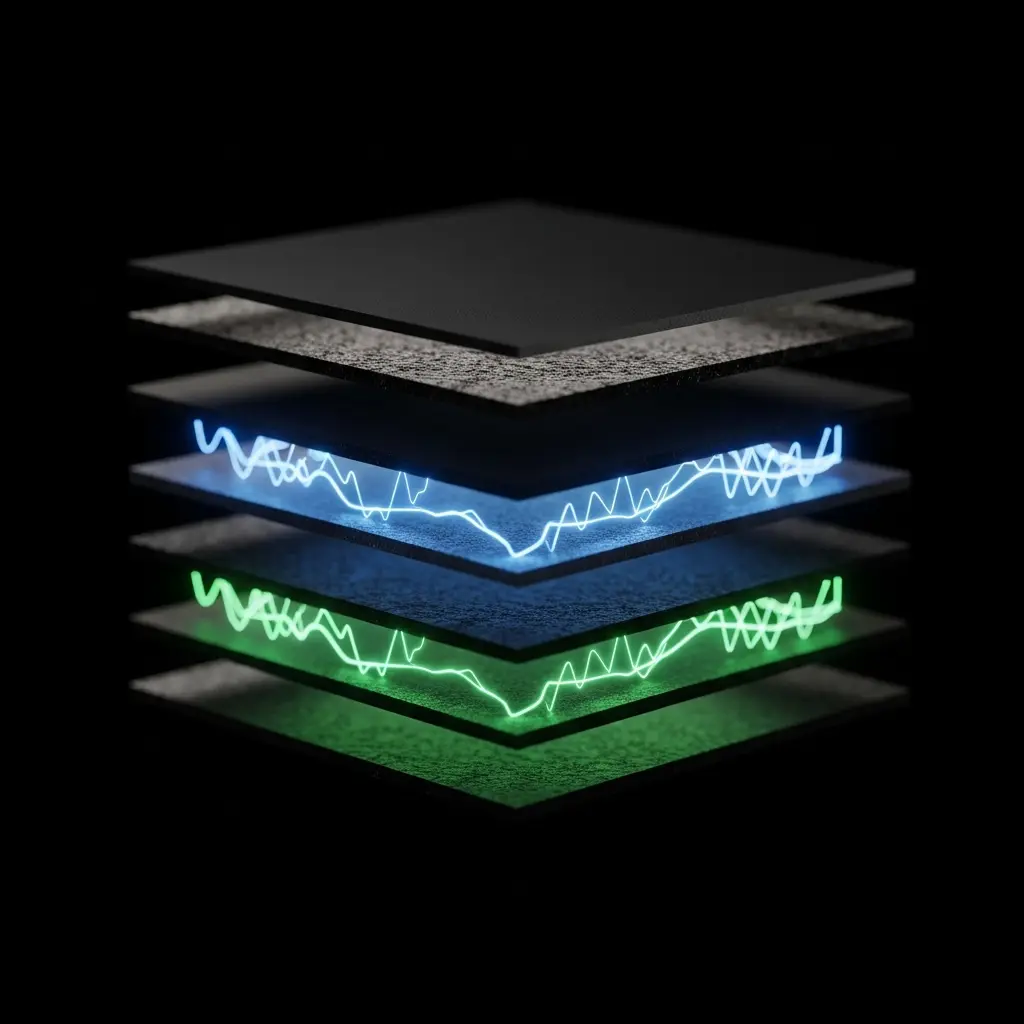 Stack of layered rectangular sheets in blue and green tones, separated slightly to reveal internal structure, resembling a multi-layer electronic or material stack.