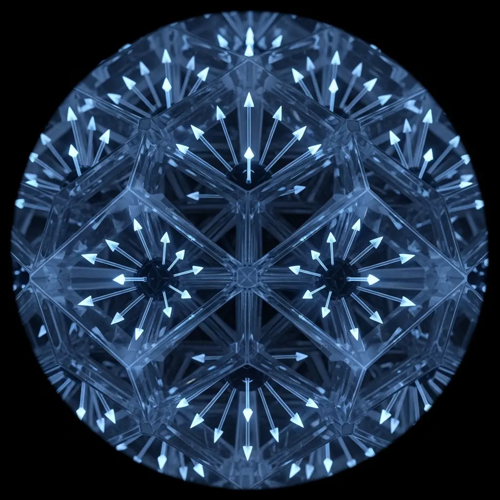 Symmetrical crystalline lattice with repeating hexagonal units and directional arrows, representing spin alignment or magnetic ordering in a quantum material.