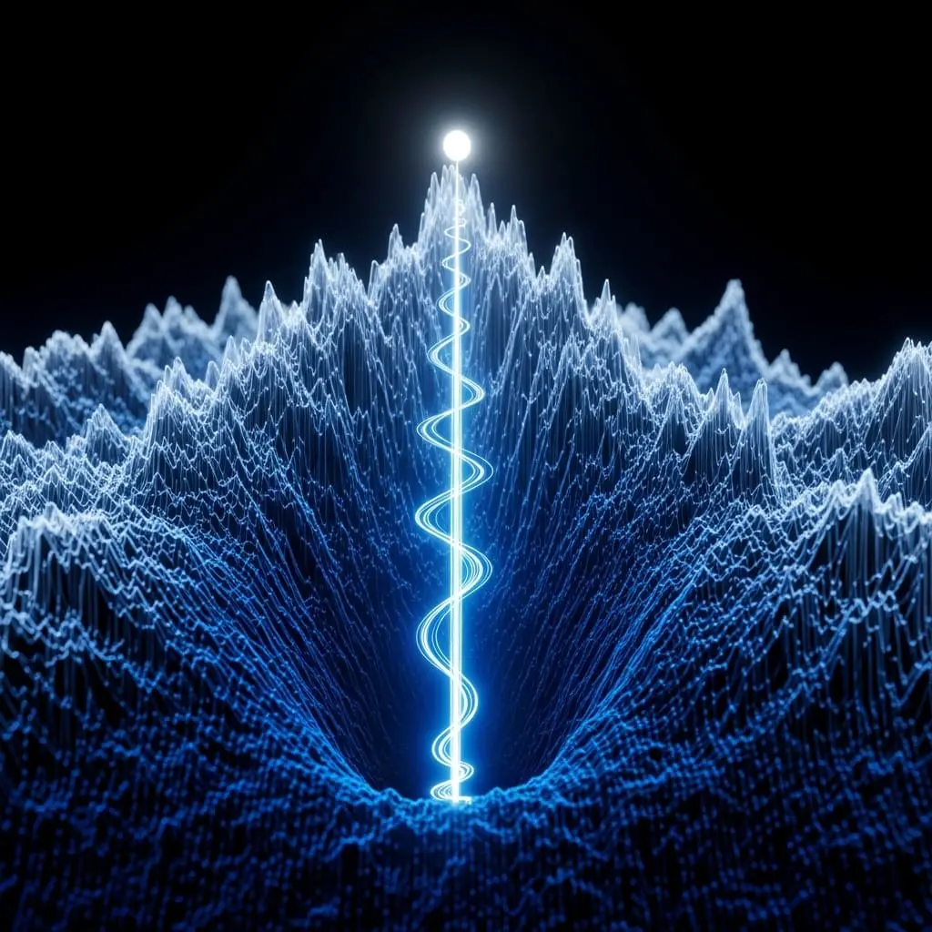 Bright vertical blue energy beam striking a textured surface, creating rippling wave patterns that spread outward in a dark environment.