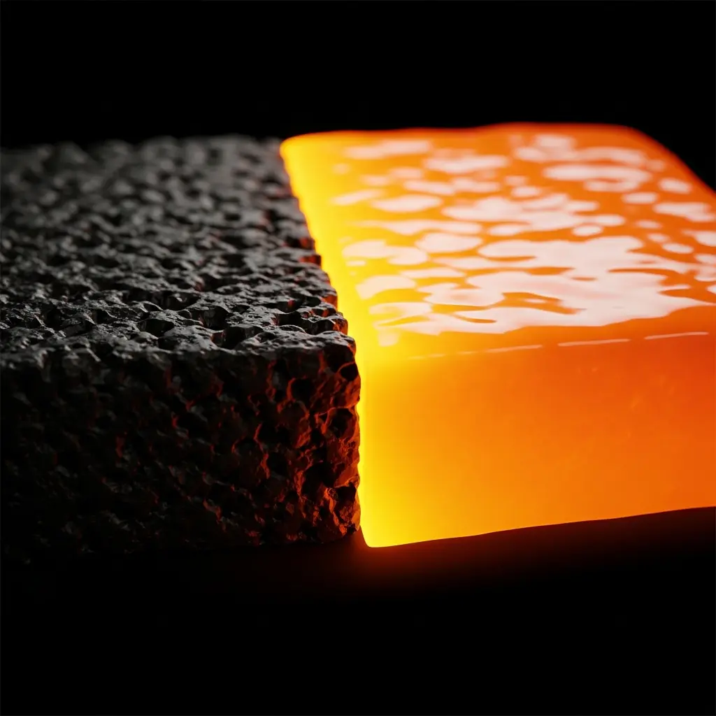 Glowing orange rectangular block emitting light and heat, transitioning into a darker textured surface on a black background.