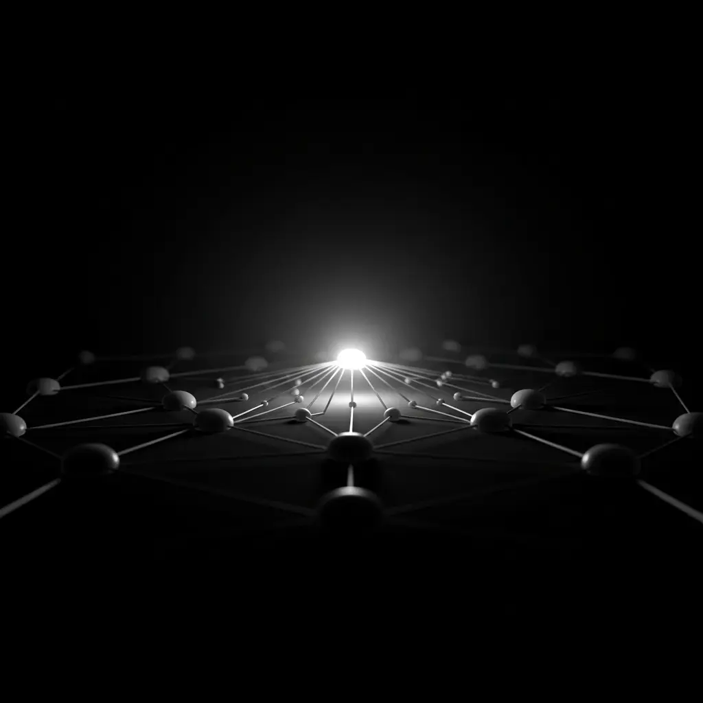 Dark lattice of interconnected nodes converging toward a bright central light, symbolizing quantum networks, entanglement, and centralized data processing
