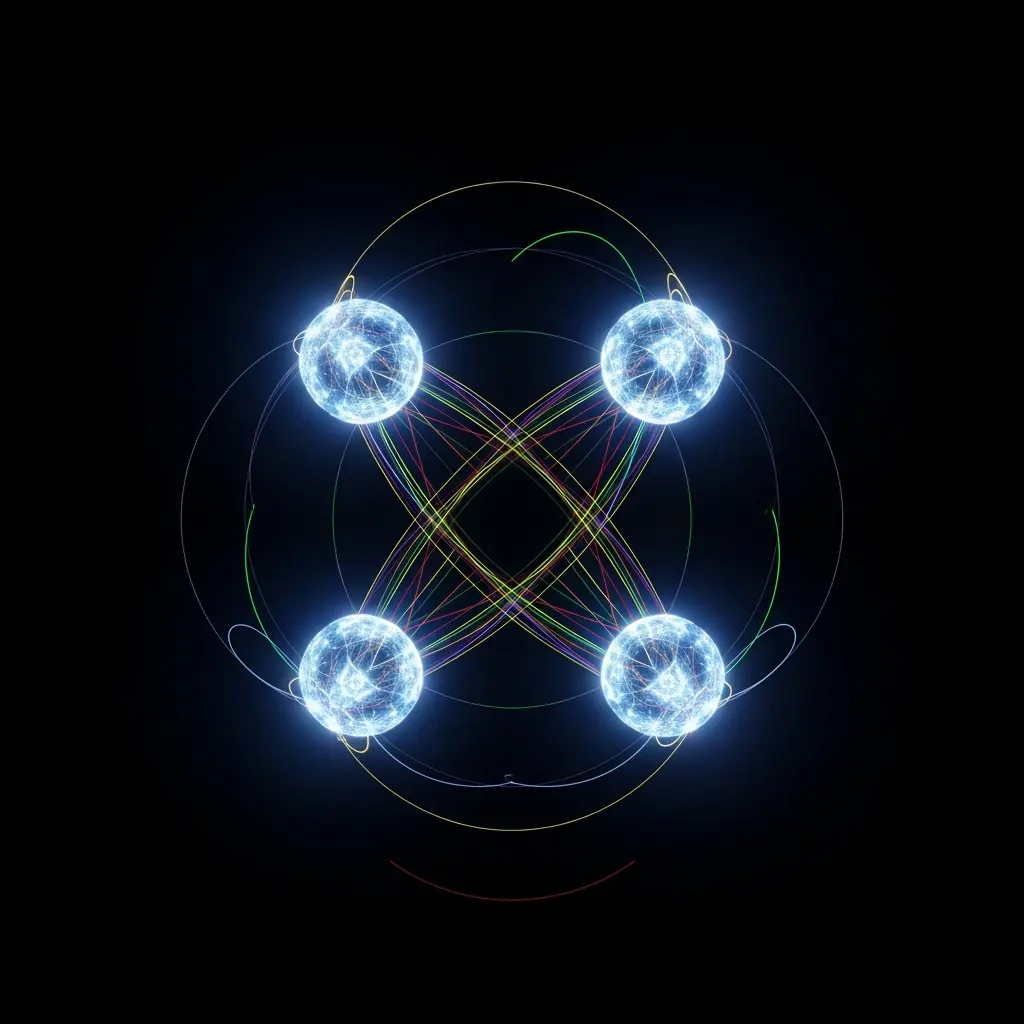 Four glowing blue nodes connected in a circular formation with light pathways, representing entangled qubits interacting within a quantum computing system.