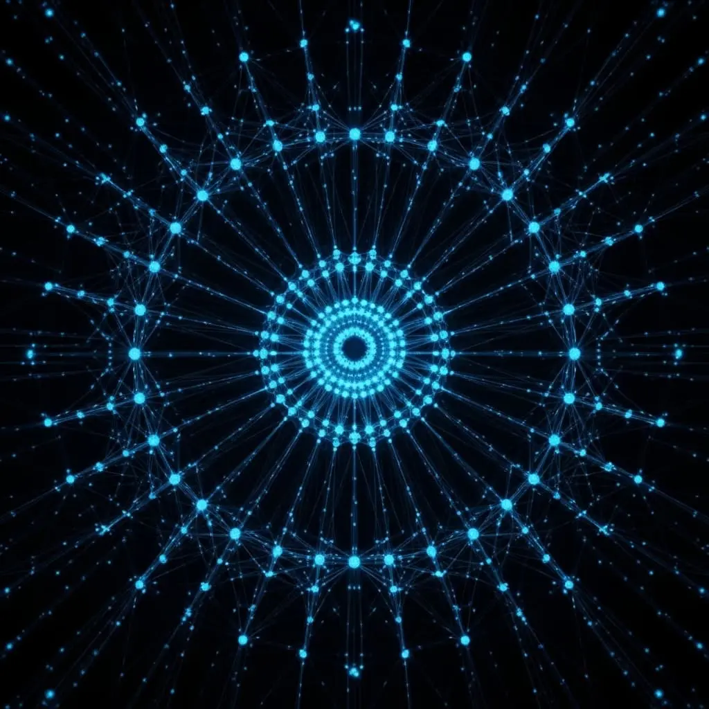 Symmetrical blue neon geometric design featuring concentric rings of glowing dots and light rays emanating outward from a central point on a black background