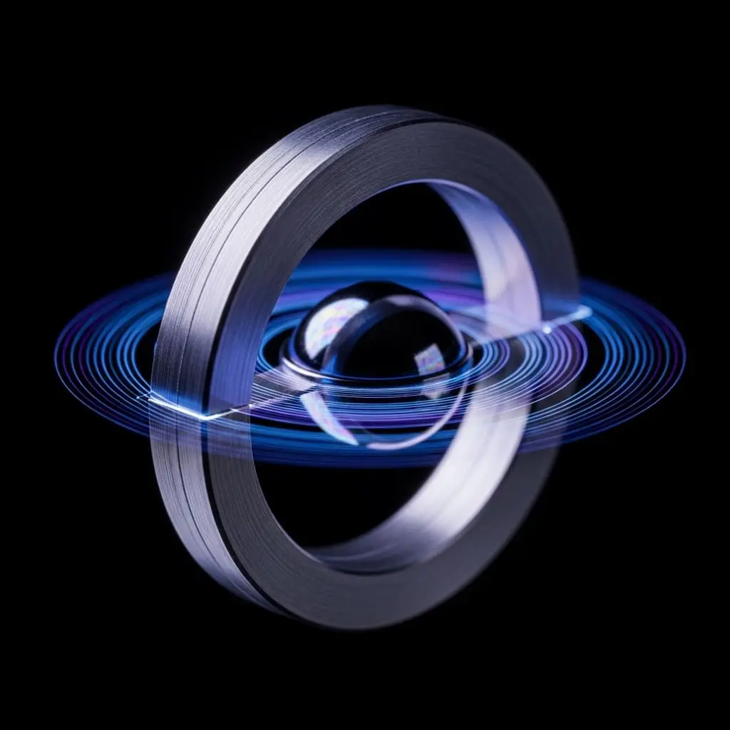 Dark spherical object encircled by tilted blue rings, resembling a stylized planet or atomic model floating in black space.