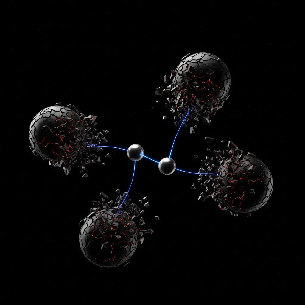 Four dark spherical nodes connected by glowing blue links in a cross-like arrangement, suspended against a black background.