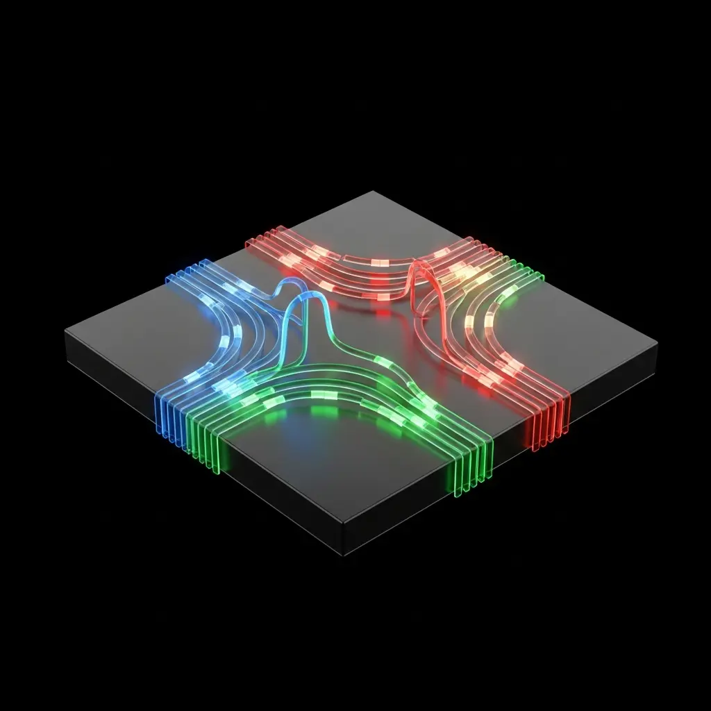 “Futuristic quantum computing chip with glowing circuits and multicolored energy signals flowing across a processor surface, representing qubit interactions and data processing.