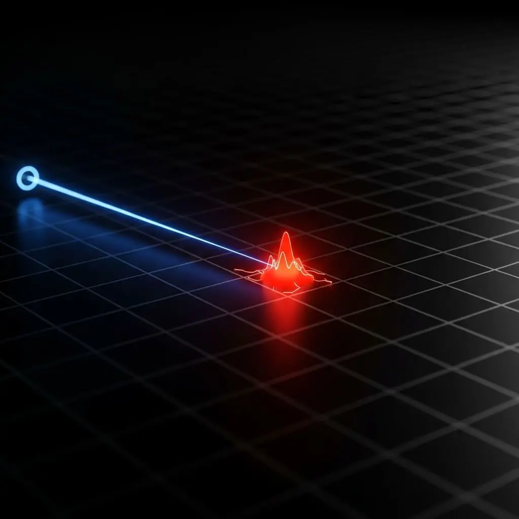 Abstract scientific illustration of a blue horizontal beam and a red vertical beam intersecting at a bright red focal point on a dark perspective grid, suggesting a laser targeting or coordinate system on a black background