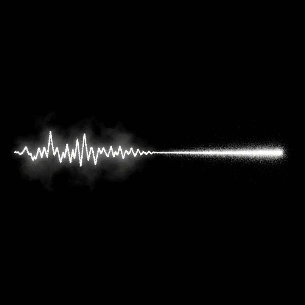 Horizontal white waveform with varying amplitude peaks, resembling an audio signal, equalizer bar, or heartbeat pulse on a dark background